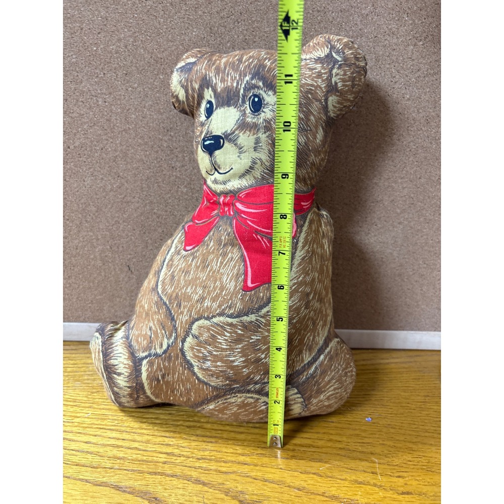 Vintage Fabric Teddy Bear Pillow Brown Printed Cotton Plush Red Bow Decor - Picture 5 of 6